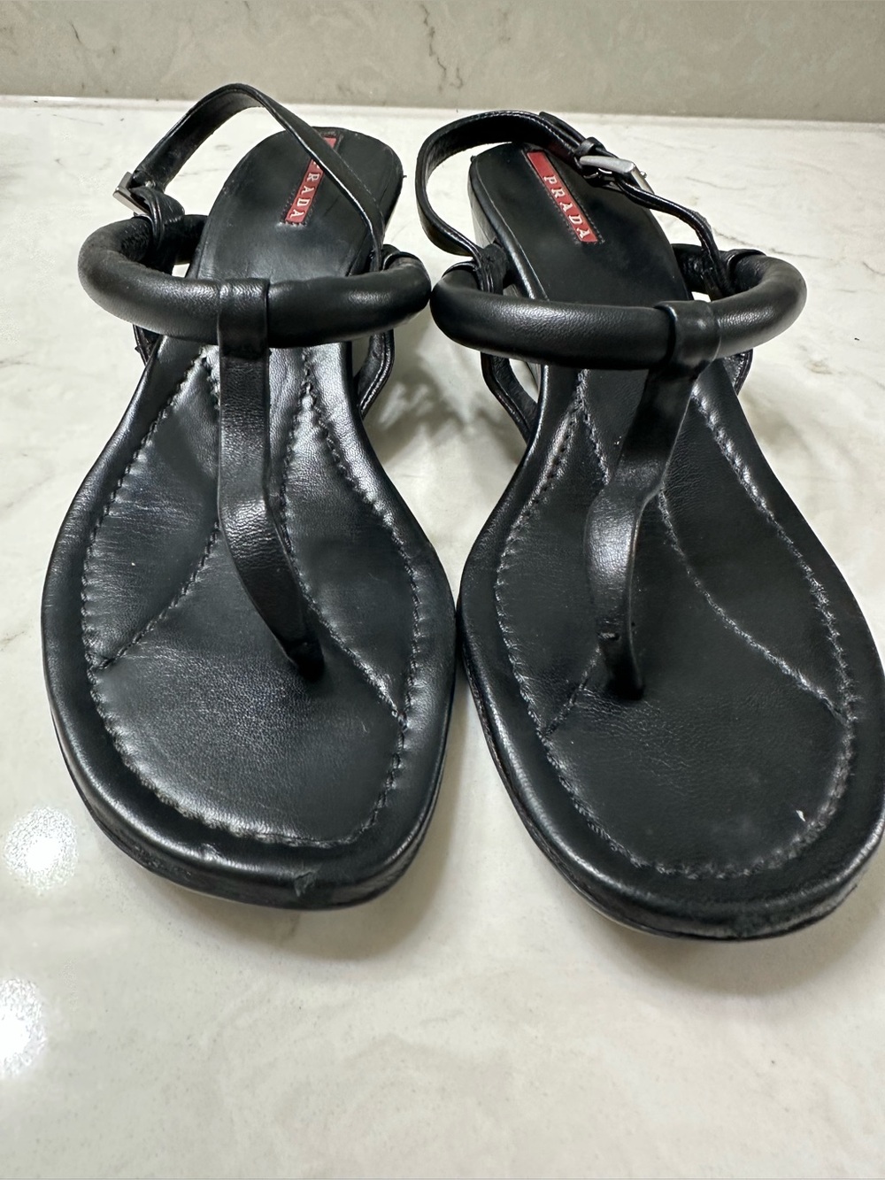Prada Black Leather Round Strap,Sandals, 8.5
